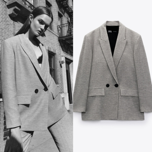 New Zara Double Breasted Textured Weaver Grey Blazer/Jacket Groufit NWT XS - Picture 1 of 15